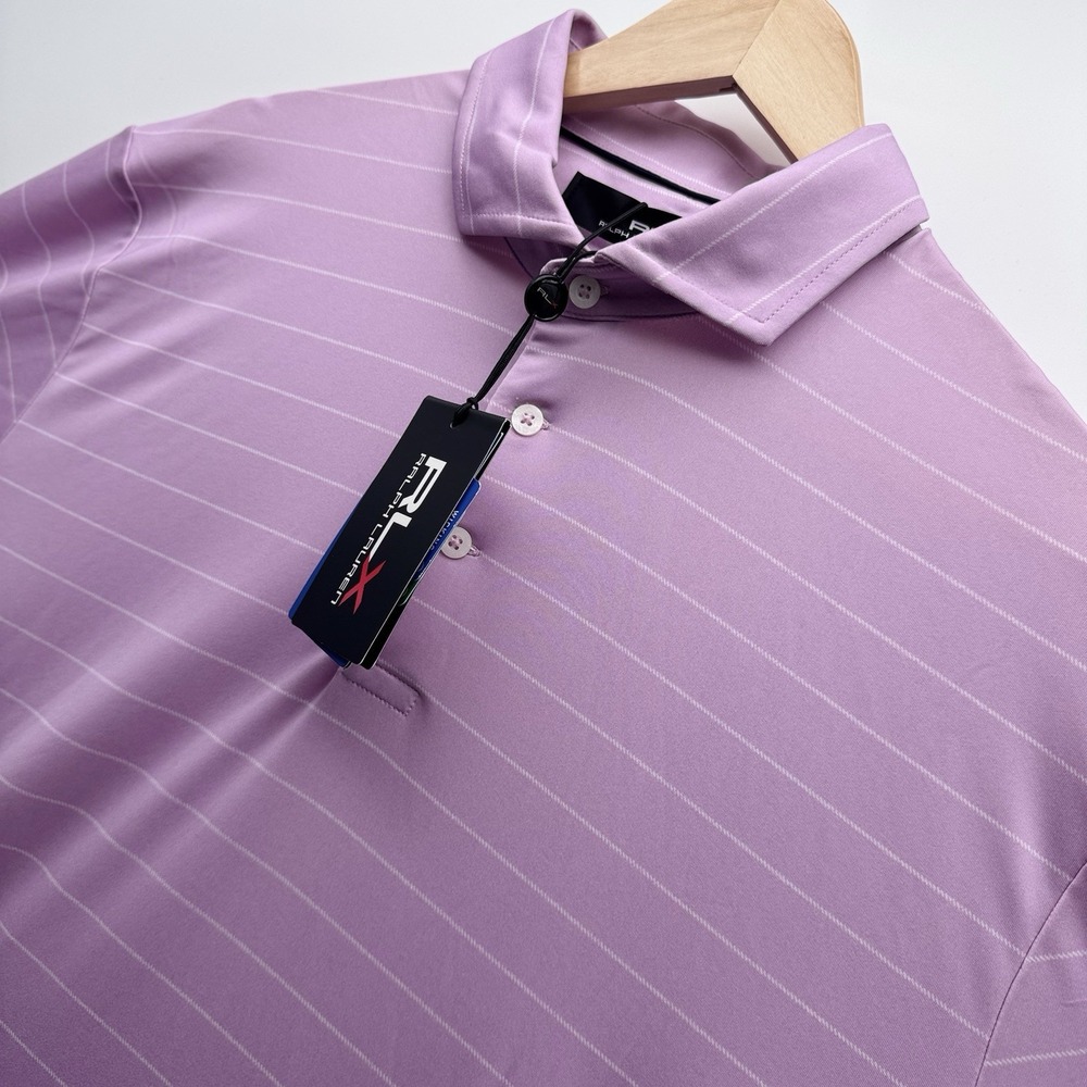 RLX Ralph Lauren Mens L Lightweight Airflow Striped Golf Polo Shirt Purple White